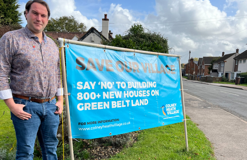 Conservative Parliamentary Candidate, James Spencer campaigning in Colney Heath against the proposed over development of the village