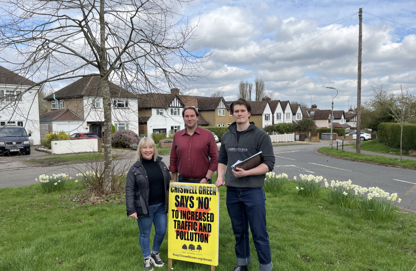 County Councillor Stella Nash, Parliamentary Candidate James Spencer, and District Council Candidate James Cook take a stand against excess housebuilding in Chiswell Green